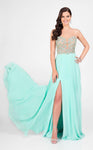 Tall A-line Two-Toned Print Floor Length Plunging Neck Sweetheart Natural Waistline Fitted Crystal Slit Beaded Sheer Illusion Prom Dress with a Brush/Sweep Train