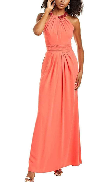 A-line Halter High-Neck Beaded Hidden Back Zipper Ruched Natural Waistline Floor Length Dress