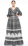 A-line V-neck Striped Floral Print Pleated Faux Wrap Back Zipper Open-Back Bishop Sleeves Floor Length Natural Waistline Evening Dress