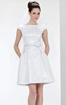 Tall A-line Above the Knee Bateau Neck Natural Waistline Metallic Jacquard Pleated Belted Back Zipper Cap Sleeves Wedding Dress