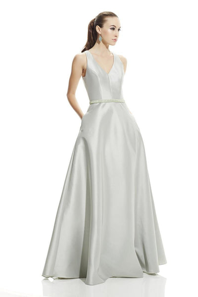 Sophisticated A-line V-neck Sleeveless Natural Princess Seams Waistline Belted Back Zipper Floor Length Evening Dress