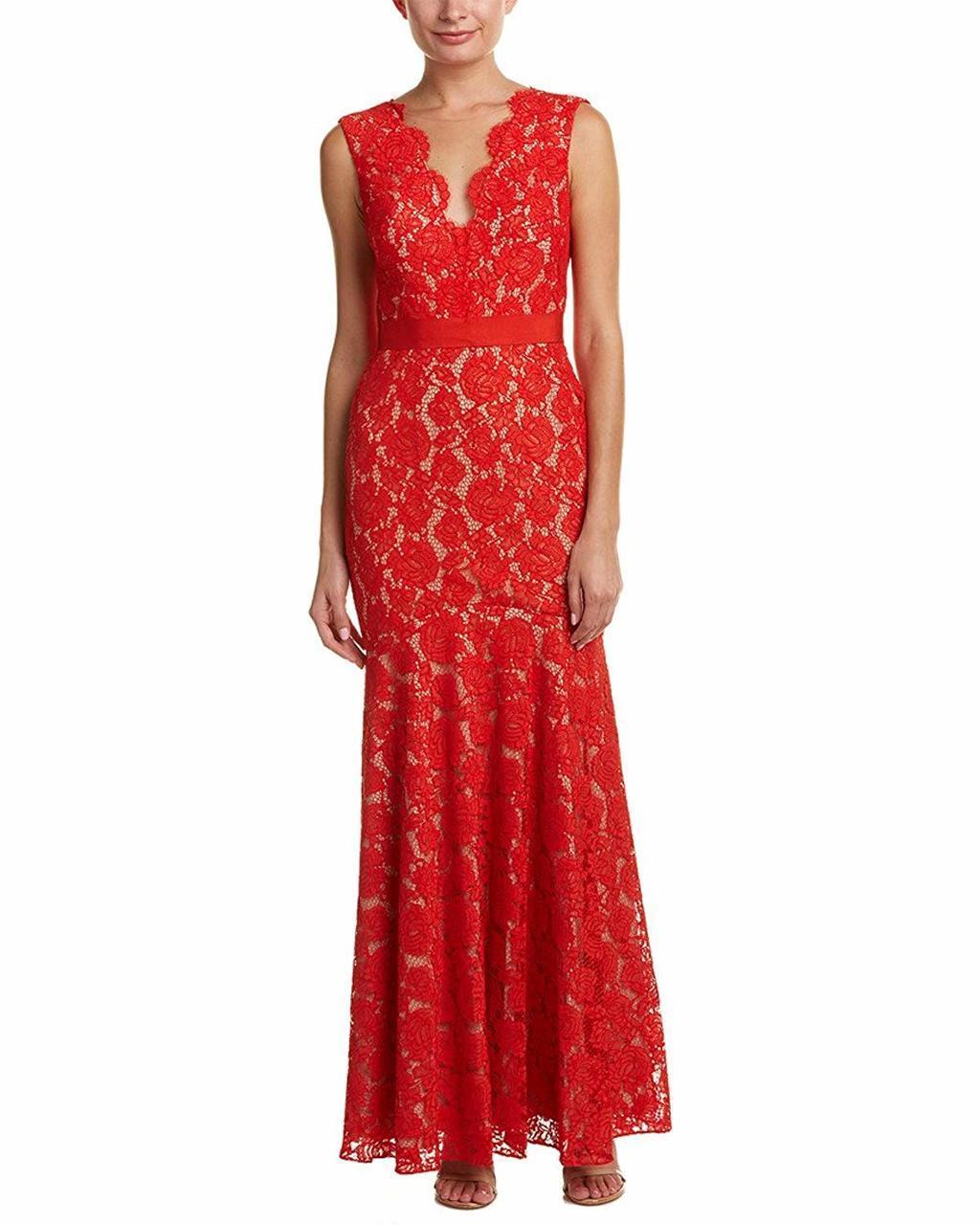 Theia - 883183 Floral Lace Scalloped V-neck Trumpet Dress
