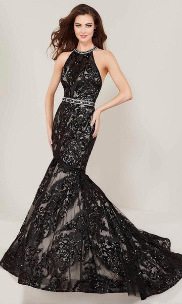 Lace General Print Back Zipper Beaded Sequined Belted Fitted Pleated Floor Length Natural Waistline Sleeveless Halter Mermaid Evening Dress with a Brush/Sweep Train