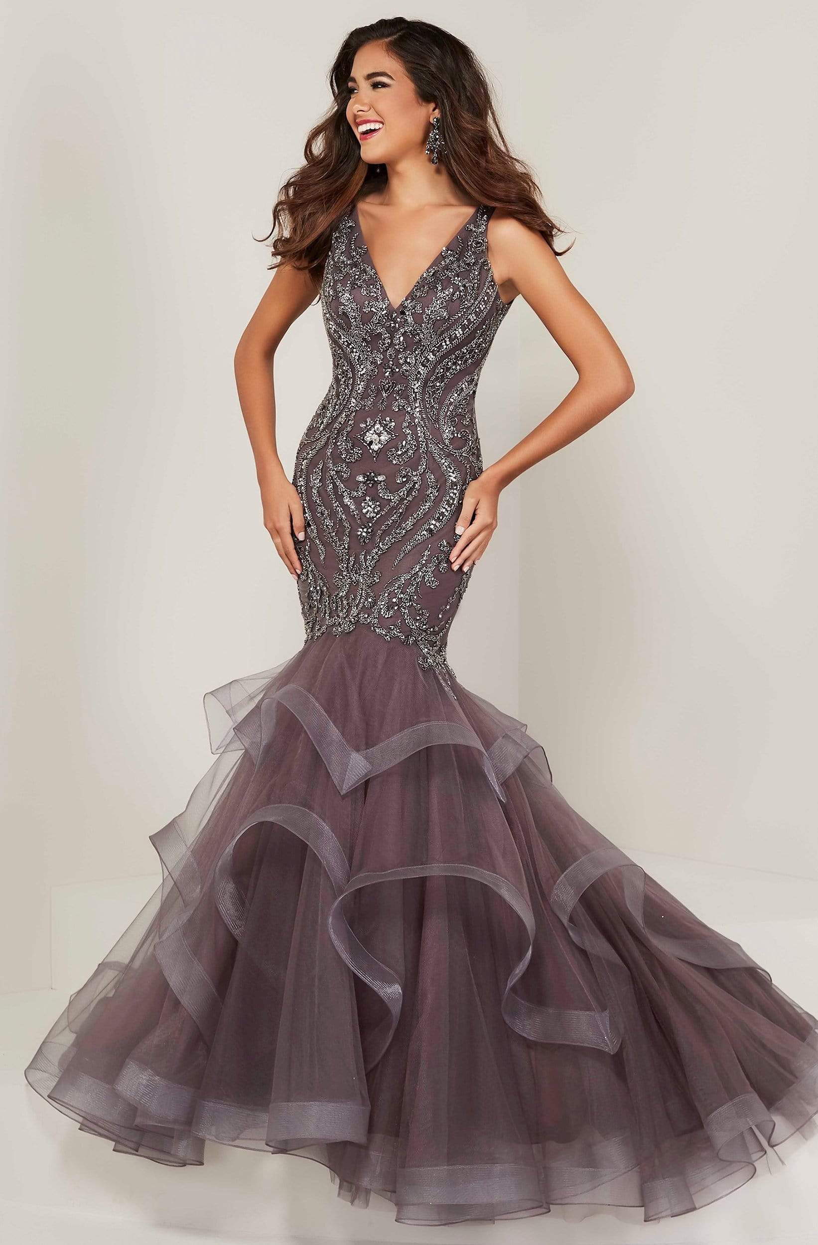 Tiffany Designs - 16351 Beaded V-Neck Layered Mermaid Dress
