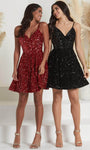 A-line V-neck Cocktail Short Fall Natural Waistline Spaghetti Strap Pocketed Sequined Back Zipper Open-Back Velvet Homecoming Dress