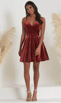 A-line V-neck Spaghetti Strap Cocktail Short Back Zipper Open-Back Pocketed Natural Waistline Velvet Homecoming Dress