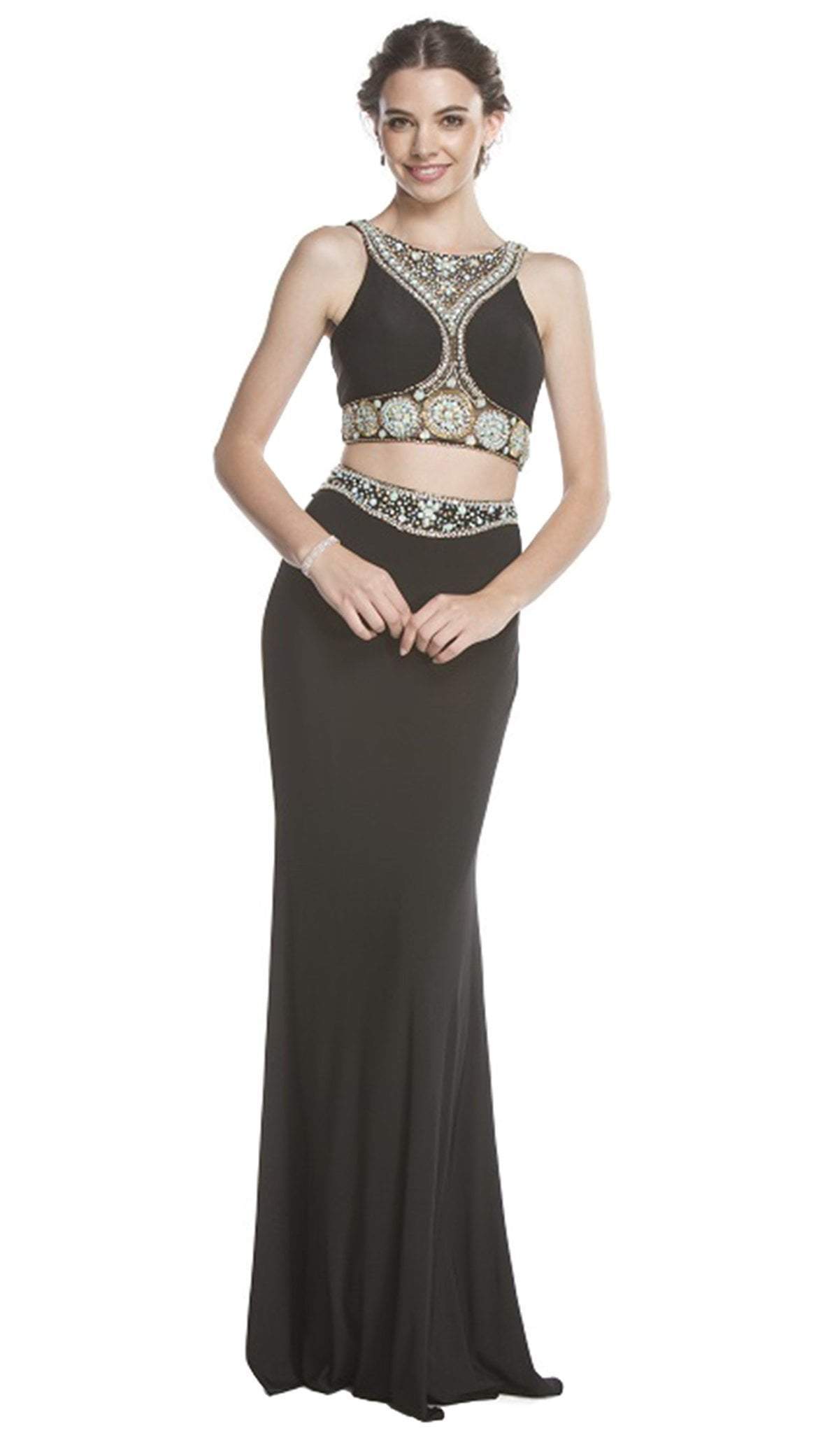 Aspeed Design - Two Piece Bedazzled Halter Sheath Prom Dress
