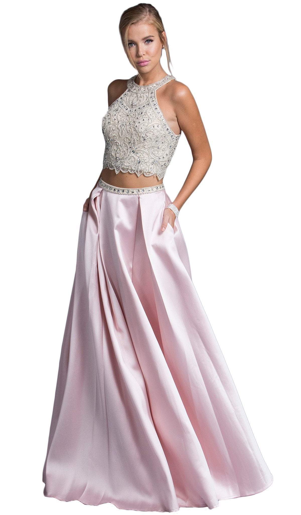 Aspeed Design - Two Piece Bejeweled Halter Prom Gown
