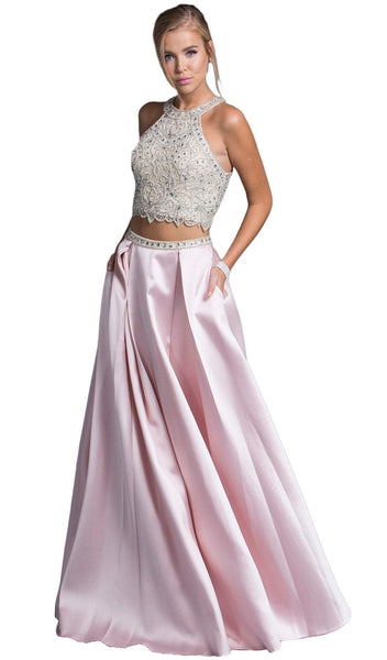 Sexy A-line Halter Cutout Back Zipper Jeweled Beaded Natural Waistline Sleeveless Prom Dress