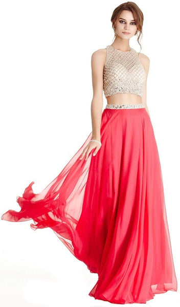 Sophisticated A-line Halter Illusion Open-Back Glittering Floor Length Sleeveless Natural Waistline Prom Dress