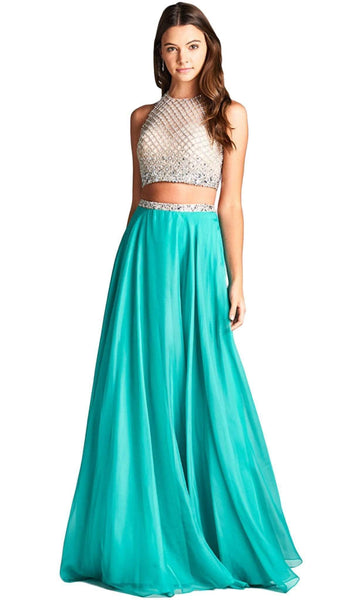 Sophisticated A-line Floor Length Sleeveless Natural Waistline Halter Illusion Glittering Open-Back Prom Dress