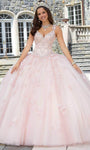 V-neck Fall Tulle Sleeveless Lace-Up Back Zipper Applique Sequined Glittering Fitted Basque Waistline Quinceanera Dress