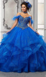 Basque Waistline Short Sleeves Sleeves Off the Shoulder Glittering Applique Lace-Up Open-Back Floor Length Tulle Ball Gown Evening Dress With Ruffles