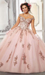 Natural Waistline Applique Beaded Open-Back Lace-Up Tulle Cap Sleeves Off the Shoulder Floor Length Ball Gown Quinceanera Dress