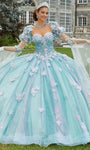 Sweetheart Floral Print Natural Waistline Tulle Puff Sleeves Sleeves Draped Glittering Lace-Up Beaded Crystal Applique Ball Gown Dress With a Bow(s)