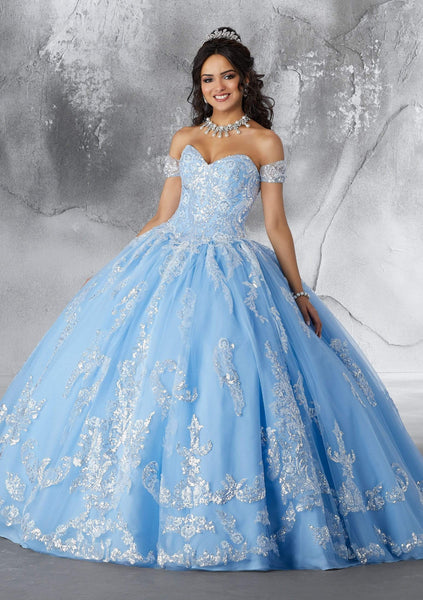 baby blue and gold quinceanera dresses