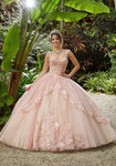 Tulle Basque Waistline Sweetheart Floral Print Sleeveless Sequined Applique Fitted Lace-Up Quinceanera Dress with a Brush/Sweep Train