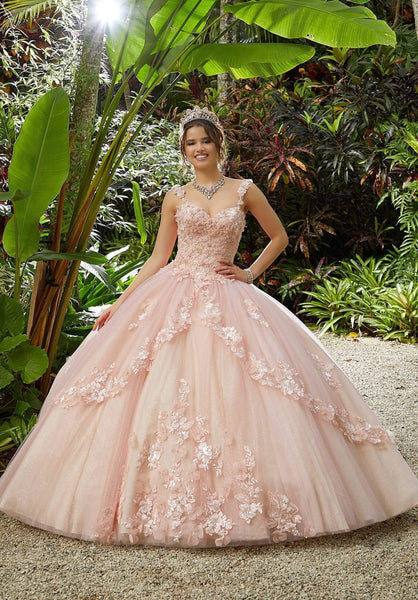 Applique Lace-Up Sequined Fitted Sweetheart Floral Print Tulle Basque Waistline Sleeveless Quinceanera Dress with a Brush/Sweep Train
