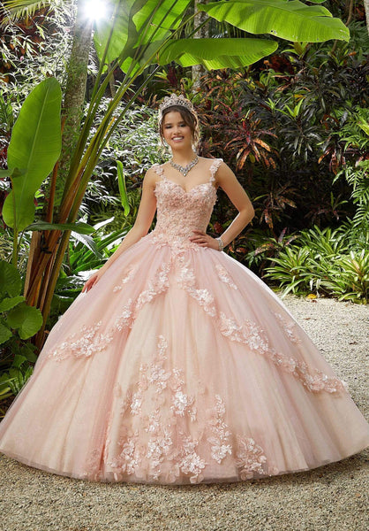 Sweetheart Basque Waistline Fitted Lace-Up Applique Sequined Sleeveless Tulle Floral Print Quinceanera Dress with a Brush/Sweep Train