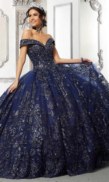 V-neck Beaded Lace-Up Glittering Applique Sequined Floral Print Natural Waistline Tulle Sweetheart Floor Length Off the Shoulder Quinceanera Dress with a Brush/Sweep Train