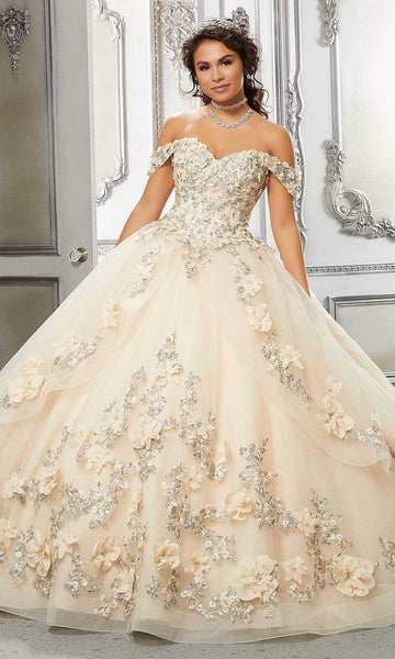 Floor Length Floral Print Natural Waistline Off the Shoulder Lace-Up Glittering Open-Back Applique Sweetheart Tulle Quinceanera Dress with a Brush/Sweep Train