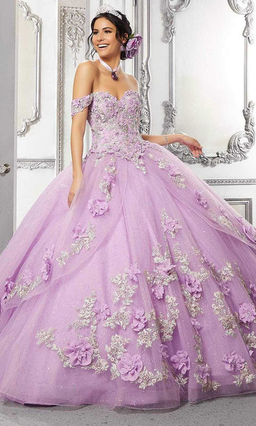 Floral Print Natural Waistline Off the Shoulder Sweetheart Floor Length Open-Back Lace-Up Applique Glittering Tulle Quinceanera Dress with a Brush/Sweep Train