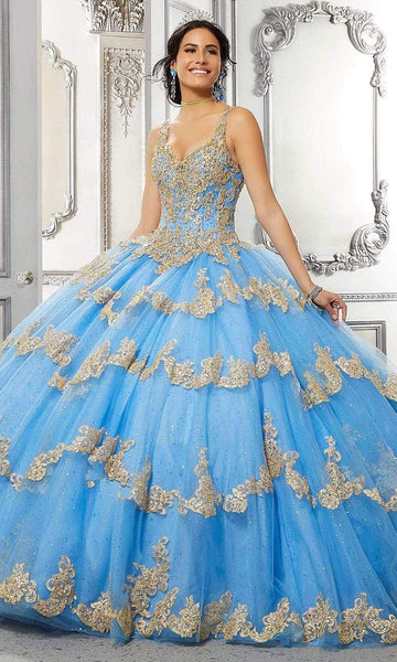 V-neck Basque Waistline Floor Length Beaded Open-Back Lace-Up Glittering Applique Ball Gown Evening Dress/Quinceanera Dress