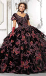 V-neck Open-Back Vintage Applique Beaded Lace-Up Floor Length Floral Print Short Sleeves Sleeves Natural Waistline Velvet Ball Gown Dress