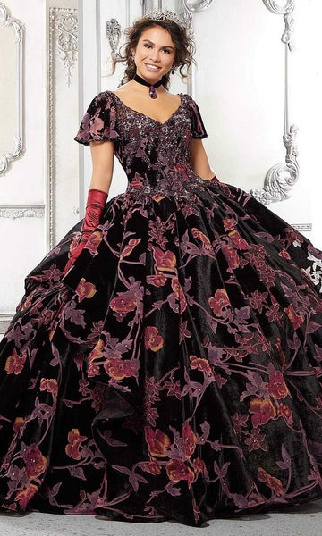 V-neck Natural Waistline Floral Print Beaded Applique Open-Back Vintage Lace-Up Floor Length Short Sleeves Sleeves Velvet Ball Gown Dress