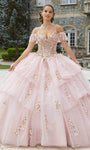 V-neck Natural Waistline Tulle Collared Cold Shoulder Sleeves Sequined Beaded Glittering Tiered Lace-Up Floor Length Ball Gown Dress With Rhinestones