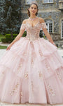 V-neck Floor Length Collared Glittering Tiered Beaded Lace-Up Sequined Cold Shoulder Sleeves Tulle Natural Waistline Ball Gown Dress With Rhinestones