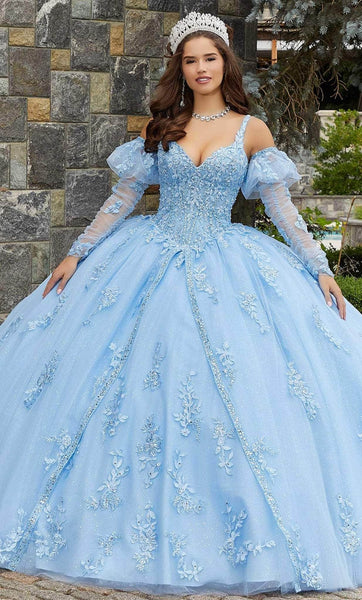 Sophisticated V-neck Floor Length Sleeveless Basque Natural Waistline Floral Print Lace-Up Embroidered Glittering Ball Gown Quinceanera Dress with a Brush/Sweep Train