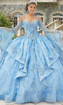 V-neck Tiered Glittering Lace-Up Vintage Sheer Flutter Long Sleeves Sleeveless Tulle Natural Waistline Floor Length Quinceanera Dress With a Bow(s)