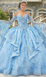 V-neck Flutter Long Sleeves Sleeveless Lace-Up Sheer Vintage Tiered Glittering Natural Waistline Tulle Floor Length Quinceanera Dress With a Bow(s)