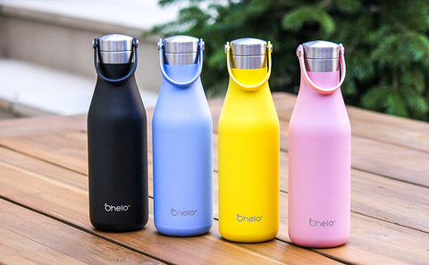 Ohelo stainless steel reusable water bottle in black blue yellow and pink