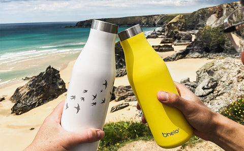 Ohelo insulated vacuum flask in white swallows and yellow designs cheers pose in front of ocean