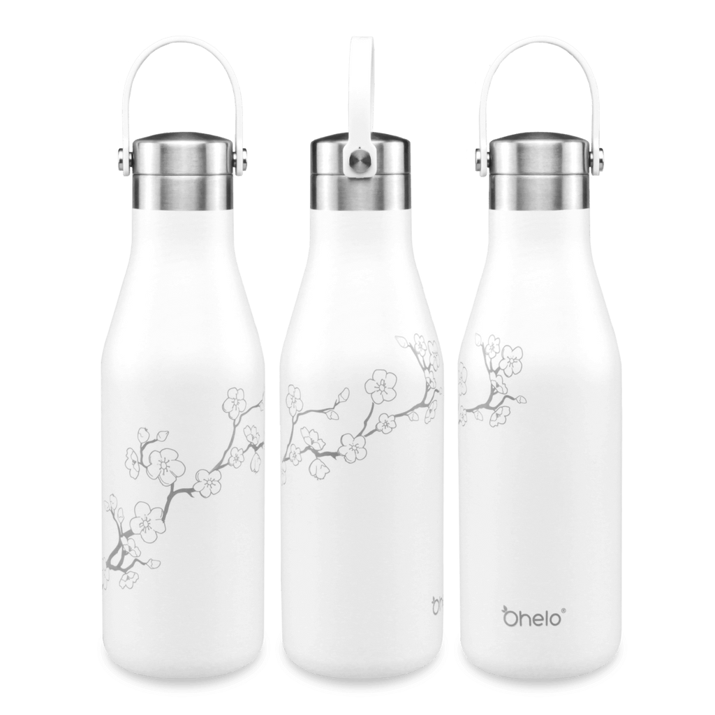 Ohelo white reusable water bottle with blossom laser etching