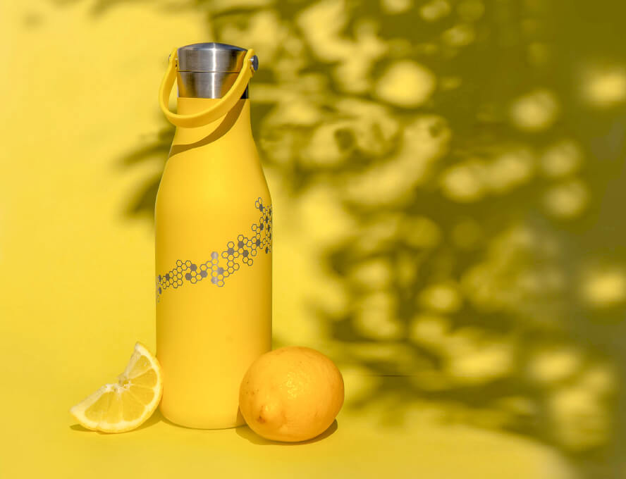 lemons with yellow bee water bottle