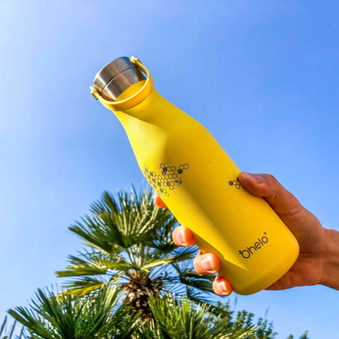 Ohelo 500ml ecofriendly reusable water bottle - yellow honeycomb and bee design with summer sky and tree in background