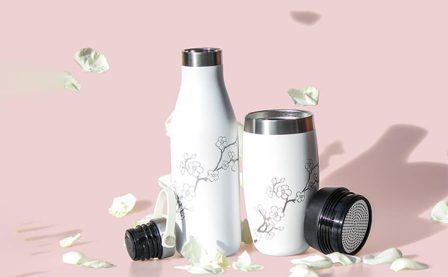 Ohelo white blossom water bottle and coffee cup