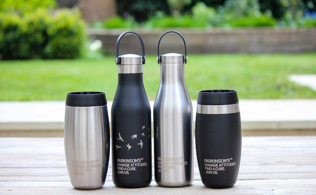 Ohelo black and steel bottles and tumblers co-branded with Parkinsons UK design