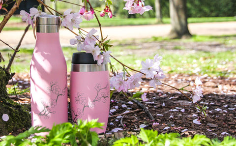 Ohelo Pink blossom water bottle and travel cup in a park