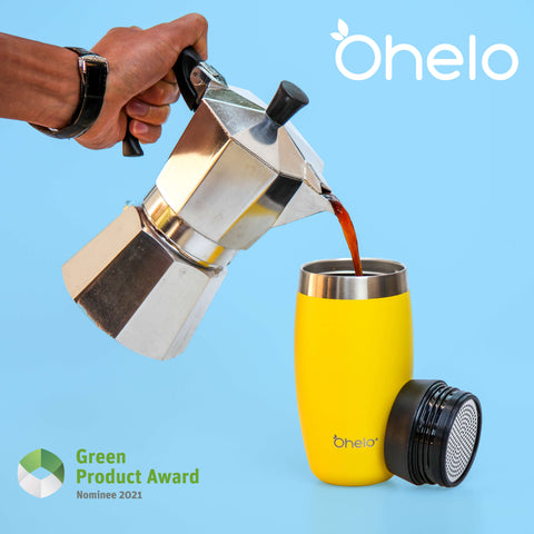 Ohelo 100% leakproof reusable coffee cup in yellow with cafetiere pouring coffee