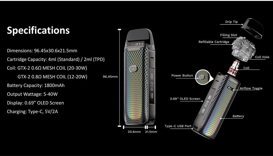 Vaporesso LUXE PM40 1800mAh Pod System Starter Kit With 2 x 4ML Refillable Cartridge Pod