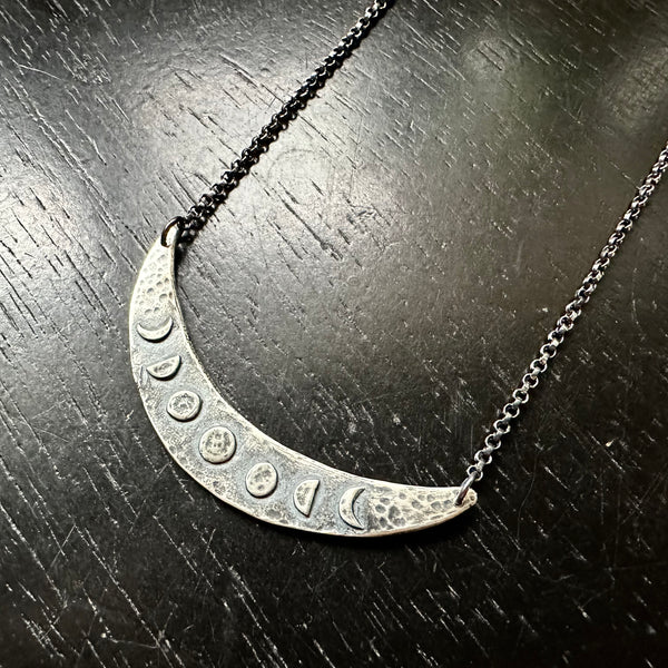 MOON PHASE NECKLACE: Sterling Silver 5-Phase, Vertical: 2 Sizes