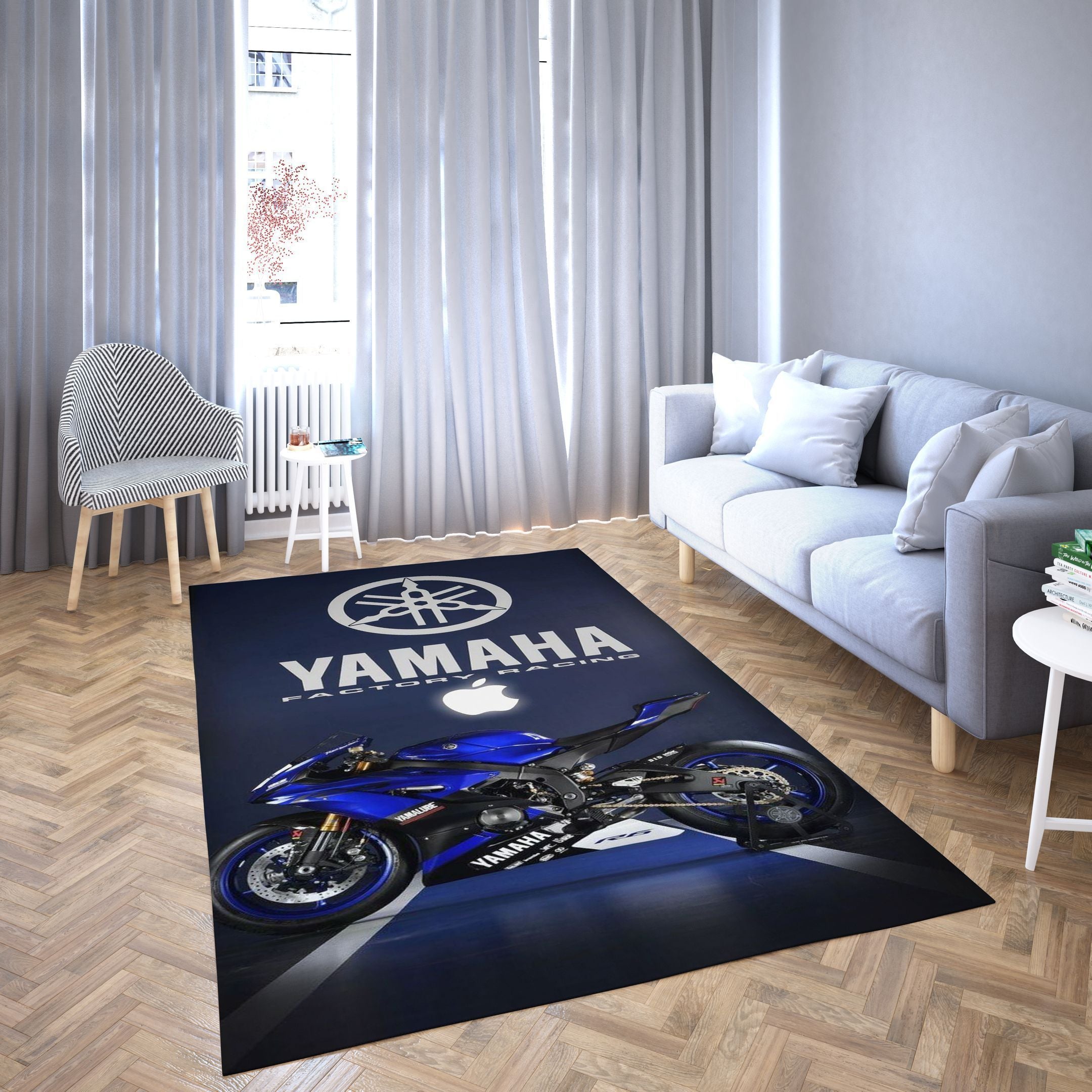 Yamaha Area Rug, Blue Motor Living Room Carpet Floor Decor