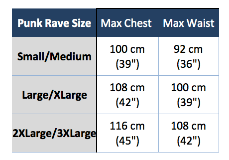 Punk Rave WY-882 size chart