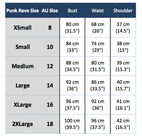 punk rave y-722 size chart