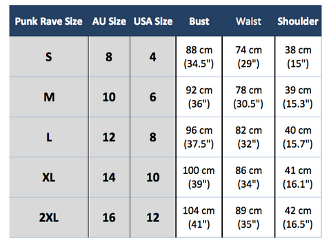 punk rave y-626 size chart