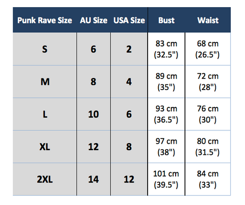 RQ-BL corset size chart